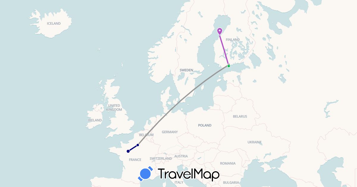 TravelMap itinerary: driving, bus, plane, train in Finland, France (Europe)